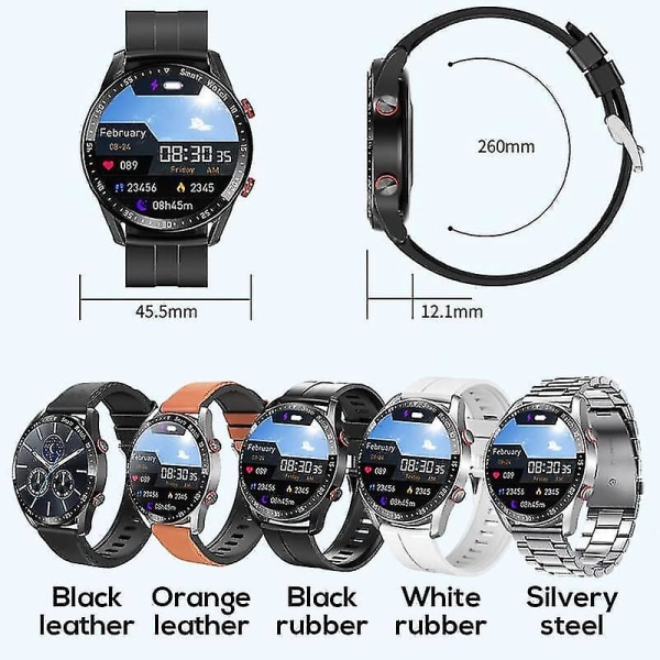 Icke-invasivt blodsockertest Smart Watch, Full Touch Health Tracker- watch med blodtryck, blodsyrespårning, sömnövervakning Black leather