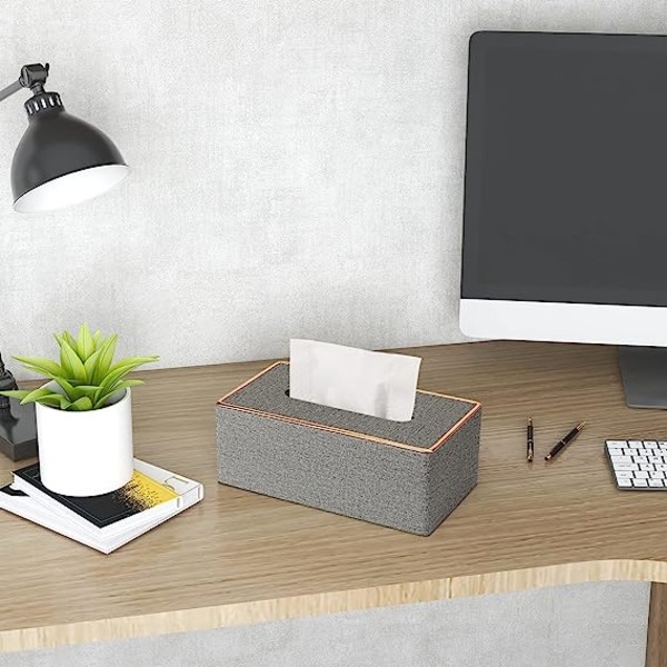 Servetthållare i PU-läder, rektangulär servetthållare för Kleenex-box Linen gray gold