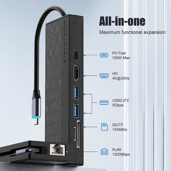 7-i-1 USB 3.0 Dockningsstation USB-C Hub 5 Gbps Hög Hastighet 1000 Mbps Ethernet RJ45 Gigabit 4K OTG-adapter