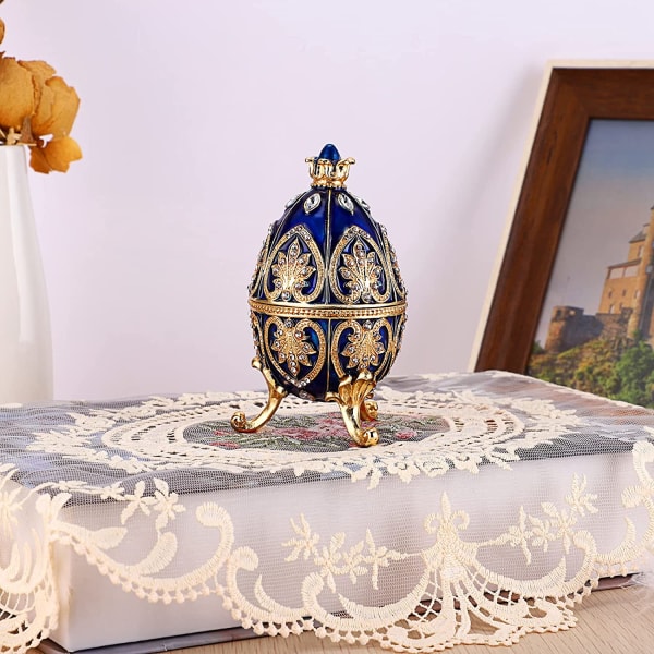 Emalj Fabergé-ägg, dekorativt gångjärnsförsedd smyckeskåp med gnistrande strass, unik gåva/prydnad för födelsedagsfest för heminredning (blå) blue