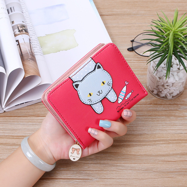 Lommebok for jenter Søt kattlommebok Kattmønsterpung Myntkortholder Glidelåslommebok (R red