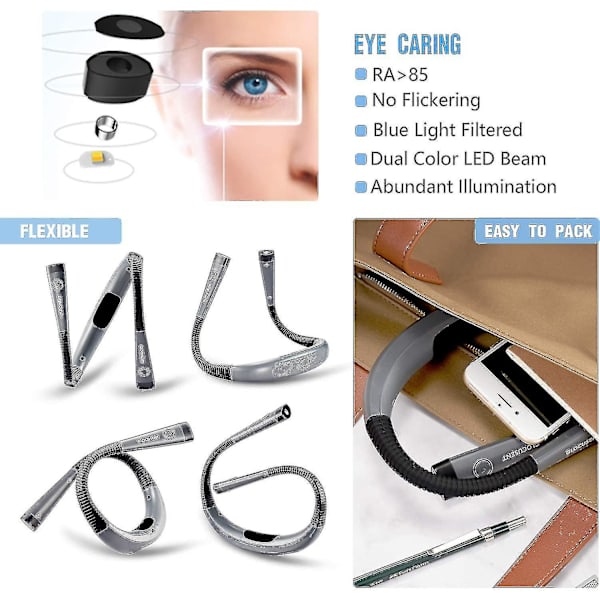 Glocusent Genopladelig Hals Læselampe, Lampe Til Læsning I Sengen, 3 Farver, 3 Lysstyrkeniveauer, Foldbare Arme, Lang Levetid, Perfekt Til Læsning,