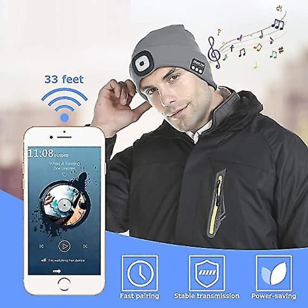 Beanie hat med aftageligt lys og Bluetooth, USB genopladelige trådløse løbehatte til hovedtelefoner, unisex udendørs beany (brun)