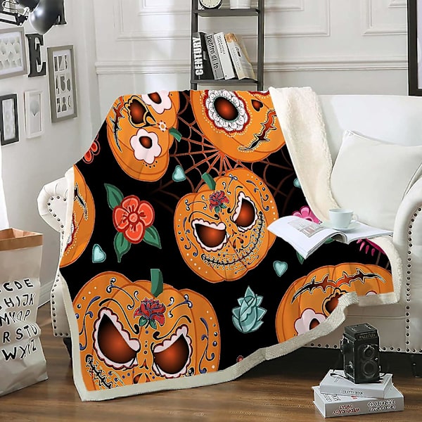Halloween filt orange pumpa filt svart Sherpa fleece filt tecknad filt för sovrum soffa soffa (halloween) ,halloween