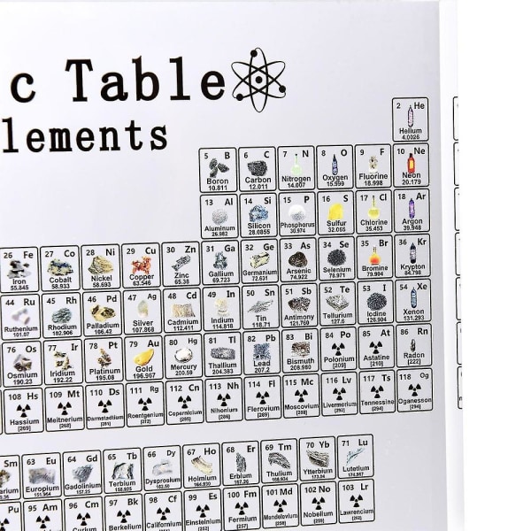 Stort periodisk system med ekte elementer inni, akryl periodisk system