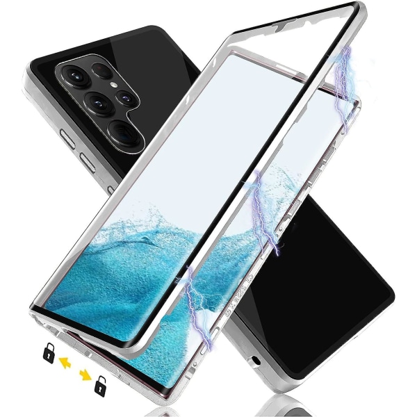 For Samsung Galaxy S23 Ultra magnetisk deksel, dobbelt herdet glass Hd beskyttelsesdeksel Alt inkludert støtsikkert telefondeksel med metallramme flipdeksel Silver