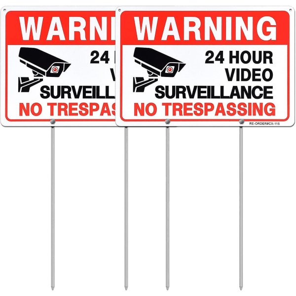 2-pack videoövervakningsskylt med metallstakar, 12'' X 9'' aluminium Varningsskylt utan intrång för Yard Home Business CCTV-säkerhetskamera