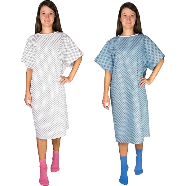2-pak - blå og hvid hospitalskjole med slips bagpå/hospital patientkjole med bindebånd - én størrelse passer til alle