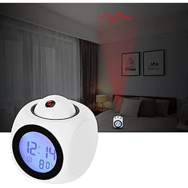 Barn Vit Projektion Digital Väder LCD Klocka Bell Alarm Display Bakgrundsbelysning Projektor Hem Klocka Timer Vuxen Vit Leksak Pudel på Selektivt Fokus