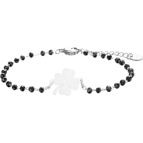 Lykkekløver Charm Armbånd Rustfrit Stål Sort Perle Enkel Lykke Charm Armbånd (Sølv) White