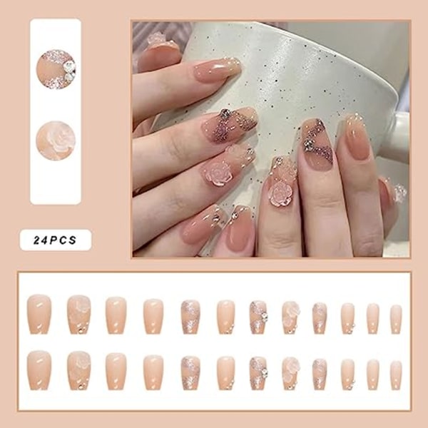 24 st Press On Nails Korta, fyrkantiga falska naglar med nagellim Perfekt passform, Full C
