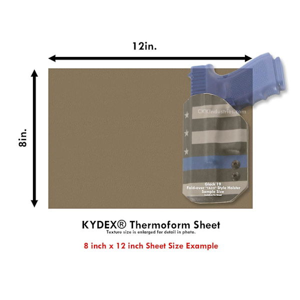 KYDEX Thermoform Sheet - (P1 Textur) - (.093 Tjocklek) - (8in x 12in) - (Flat Dark Earth Spring) - (2 Ark) - (för KYDEX Holster Making & Hobby)
