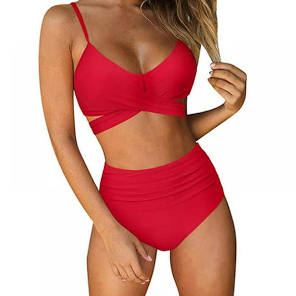 Baddräkter för kvinnor Tvådelad baddräkt Bralette med hög midja Wrap Bikini Set, Röd L Storlek Red L
