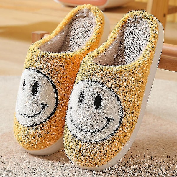 Smiley Face Tøfler til Kvinder - Smilende Tøfler - Happy Face Tøfler - Retro Smiley Face Bløde Plys 38-39 Yellow
