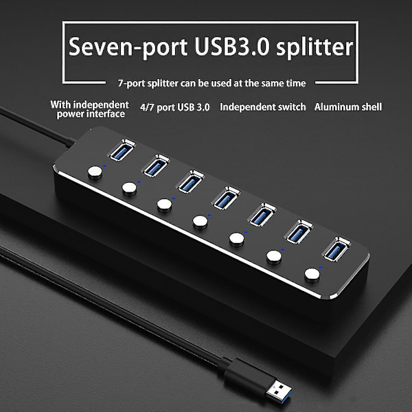 USB Hub 7 Porte USB 3.0 5gbps Hub Splitter Forlænger Med Switch Og LED Til Laptop PC Sort