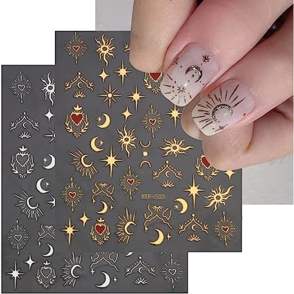 3 ark Nail Art Stickers Dekaler Guld Sun Moon Star Stripe Line Nail