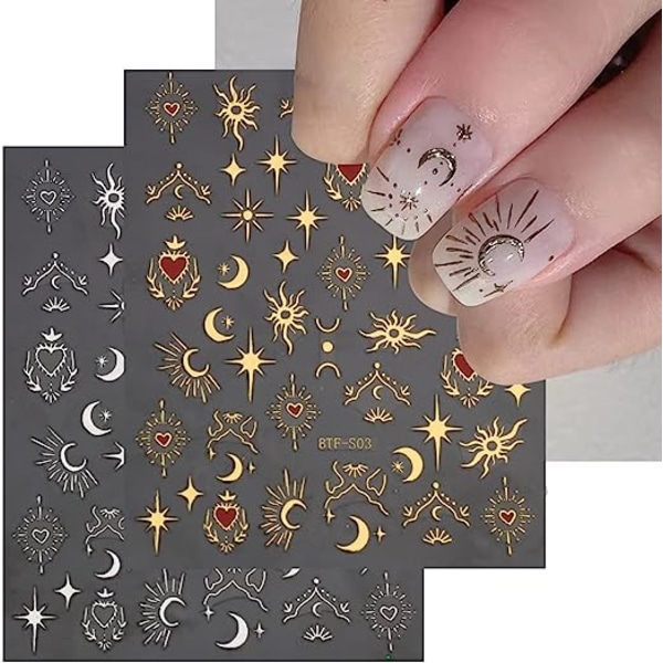 3 Sheets Nail Art Stickers Decals Gold Sun Moon Star Stripe Line Nail Decals Sel