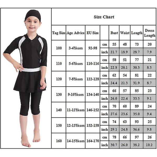 Jenter Barn Muslimsk Badedrakt Islamsk Badetøy Beskjeden Burkini Svømming Strandklær Black 3-4 Years