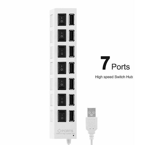 7-portars USB 2.0 höghastighetsströmbrytare på/av-hubbadapter för dator bärbar dator svart