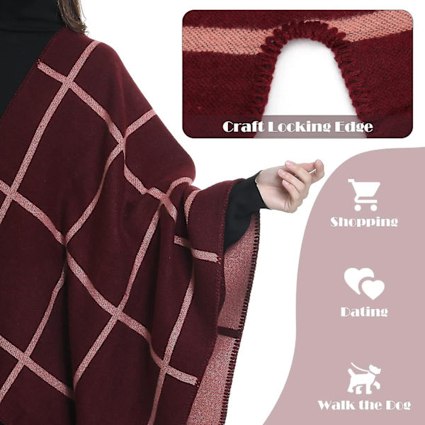 Pompongränsad Rutig Poncho Cape Lång Cardigan Sjal Wrap för Kvinnor