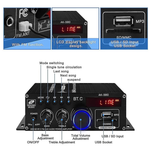 -380 Usb Sd Bt.c Aux Audio 400w+400w 2.0 Hifi Stereo Amp Spe.