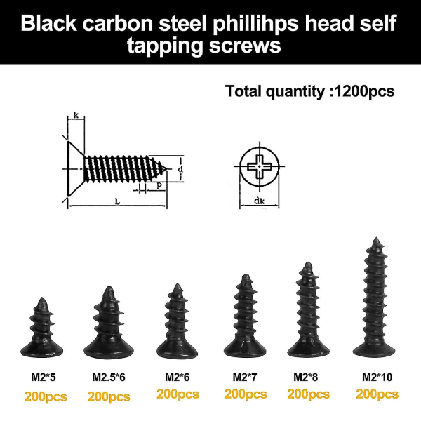 M2 M2.5 Skruer, Forsænkede Hovedskruer, Krydsflade Hovedselvskærende Skruer, Selvskærende Skruer Assorteret Sæt Til Daglig Reparation, (sort)1200stk)