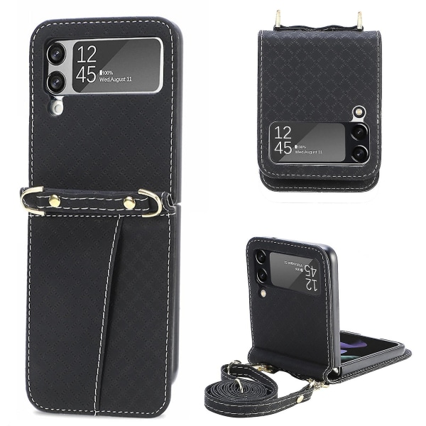 Lanyard Lærveske kompatibel Samsung Galaxy Z Flip 3 Z Flip 4 med kortholder Støtsikker crossbody Black