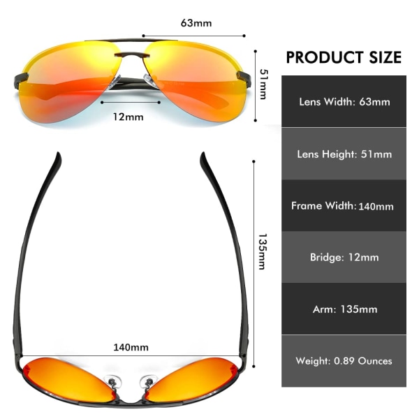 Polarisoidut Aviator-aurinkolasit miehille ja naisille, 63 mm UV400 -suoja, kevyt metallikehys, peilipinnoitetut linssit ulkokäyttöön