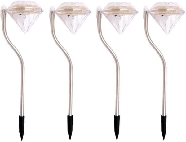 Sæt med 4 solcellelamper, farveskiftende rustfrit stål diamantformede udendørs solcellelamper