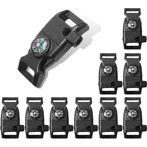 10 kpl Musta 5/8\" Kompassi Flint Scraper Fire Starter Whistle Buckle Muovi Paracord Rannekoru Ulkoilu Camping Hätä Selviytymismatka Sarjat (musta)