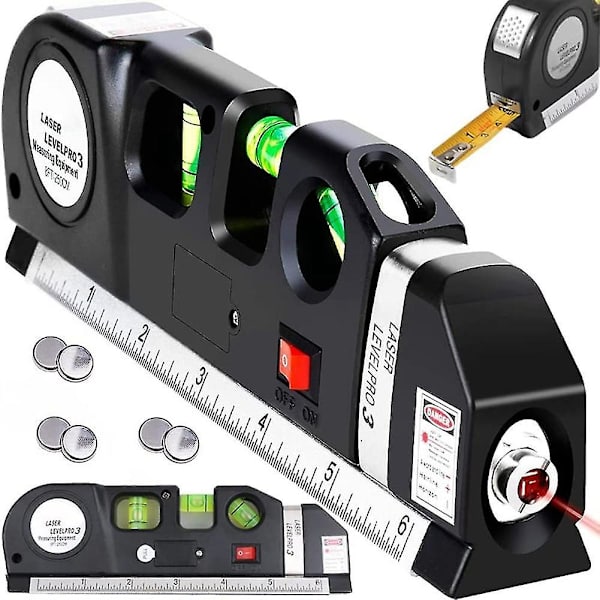 Laser-vattenpass med måttband och linje, justerade standard- och metriska linjaler Laser-nivålinje