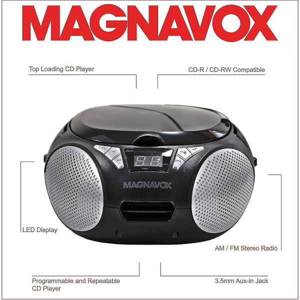 Kryc-magnavox Md6924 Bærbar Top Loading Cd Boombox Med Am/fm Stereo Radio I Sort | Cd-r/cd-rw Kompatibel | Led-display | Aux-port Understøttet | Pro