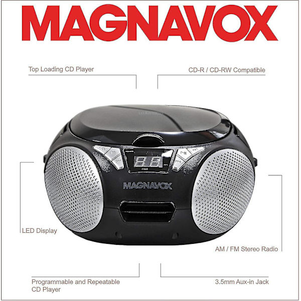 Kryc-magnavox Md6924 Bärbar Top Loading Cd Boombox Med Am/fm Stereo Radio I Svart | Cd-r/cd-rw Kompatibel | Led-display | Aux-port Stöd | Pro