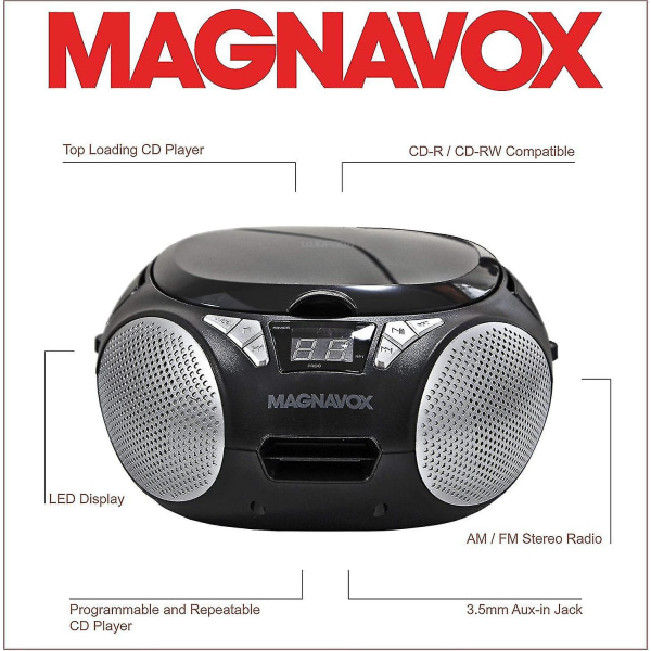 Kryc-magnavox Md6924 Bærbar topplastende CD Boombox Med Am/fm Stereo Radio i Svart | Cd-r/cd-rw-kompatibel | Led display | Støttet aux-port | Pro