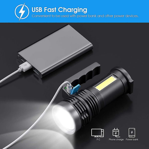 Genopladelig USB-lommelygte, 4 tilstande bærbar kraftig LED-lommelygte med COB-arbejdslys og håndtag