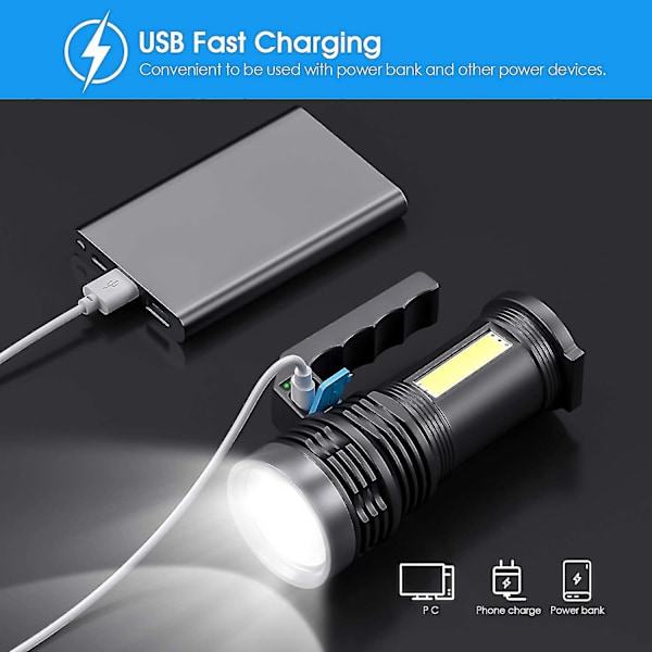 USB-oppladbar lommelykt, 4 moduser bærbar kraftig LED-lommelykt med COB-arbeidslys og håndtak
