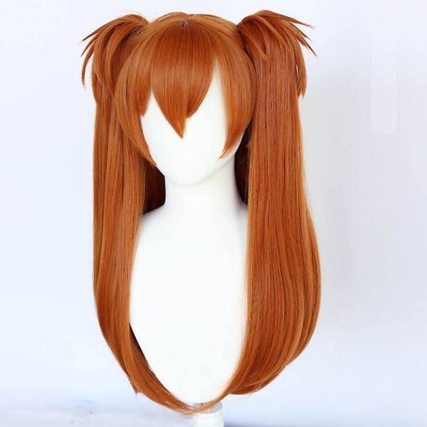 Anime hår Eva Asuka Langley Soryu Long Orange Värmebeständig Cosplay kostym peruk med 2 hästsvansklämmor