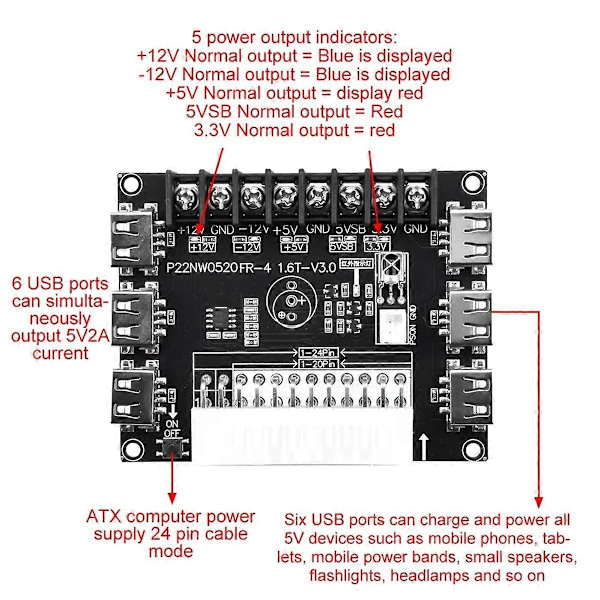 24 Pin/20Pin ATX Strømforsyning Breakout Board Modul Adapter Strømstik Understøtter 12V -12V 5V 5VSB 3.3V Uden Kabinet