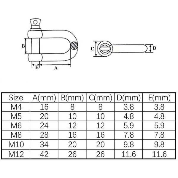 M12 Heavy Duty 304 rustfrit stål sjækle (2 stk.)