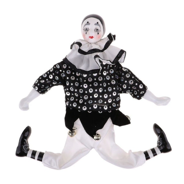 15-tommers porselensdråpeklovnedukke iført hvite og svarte antrekk, morsom harlekindukke, Circus Pro