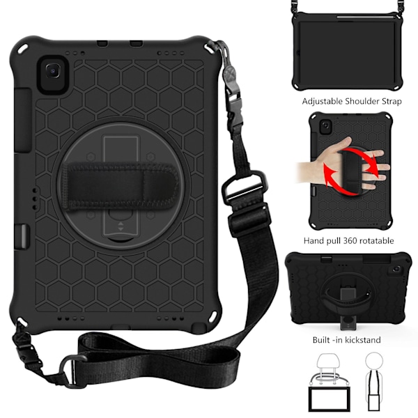 Honeycomb Texture 360 Graders Svingbar Kickstand Tablettdeksel med Skulderstropp for Samsung Galaxy Tab S6 Lite P610/p615/s6 Lite (2022) - Svart/cy