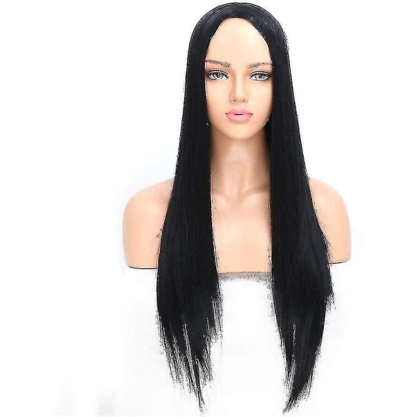 Naturlig rett svart lang parykk for damer Mykt syntetisk hår Realistisk utseende