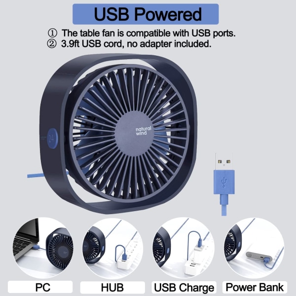 USB skrivebordsventilator, ministørrelse, 3 hastigheder bærbar bordluftcirkulationsventilator, naturlig vind, lille køleblæser drevet af USB (blå)