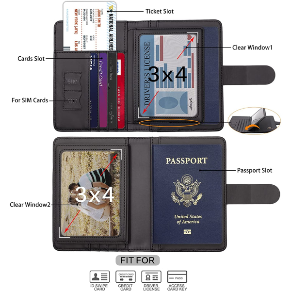Passholder, kortspor for passholder, søtt passdeksel for kvinner/menn, vanntett Rfid-blokkerende reiselommebok (svart ny)