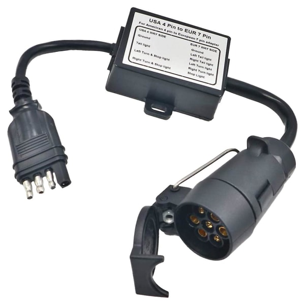 Adapter för släpvagnsbelysning från USA till Europa, 4-polig plattkontakt (amerikanskt fordon) till 7-polig rundkontakt (EU)