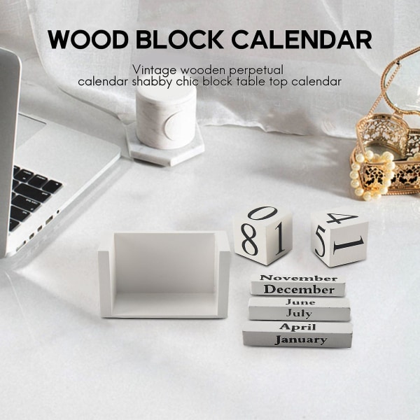 Vintage trækalender Shabby Chic Blocks Desktop Calendar Rustik Træ Firkanter Kalender Hjemmekontor