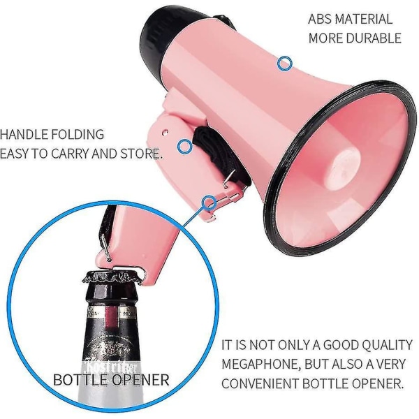 Bærbar megafon bullhorn 25 watt megafonhøyttaler stemme og sirene/alarmmoduser (rosa)