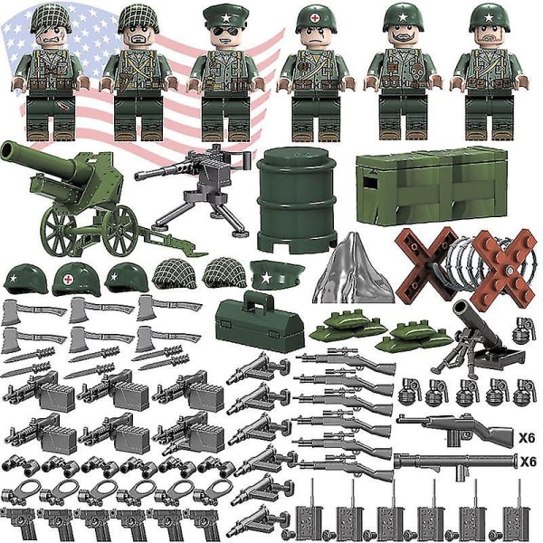6 stk Wwii-serien militære byggeklosser minifigurer Fierce Battle Pacific Sandbag Fallskjermjeger Boy Building Blocks