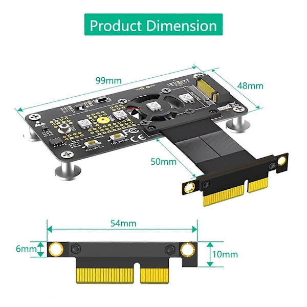3 in 1 M.2 (NGFF) NVME M-Key SSD PCI-E 4X -jatkokaapeli jäähdytystuulettimella ja automaattisella värinmuutos-LEDillä (10 cm)