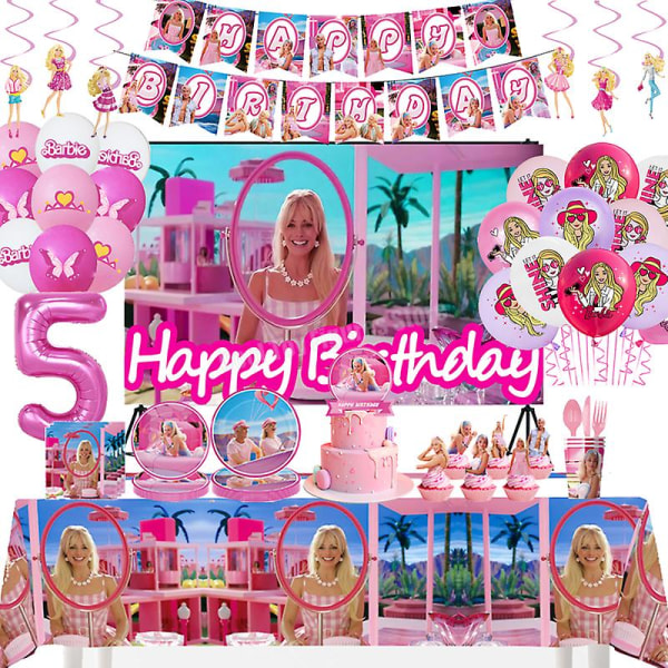 Ny film Barbie Födelsedagsfest Dekor Rosa temafigurer Set Bakgrund Papperstallrik Tissue Serviser Tillbehör Tillbehör balloons-2 19pcs